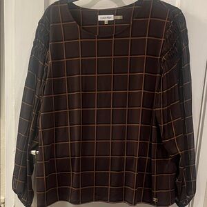 Calvin Klein Women's Black and Brown Checkered Blouse